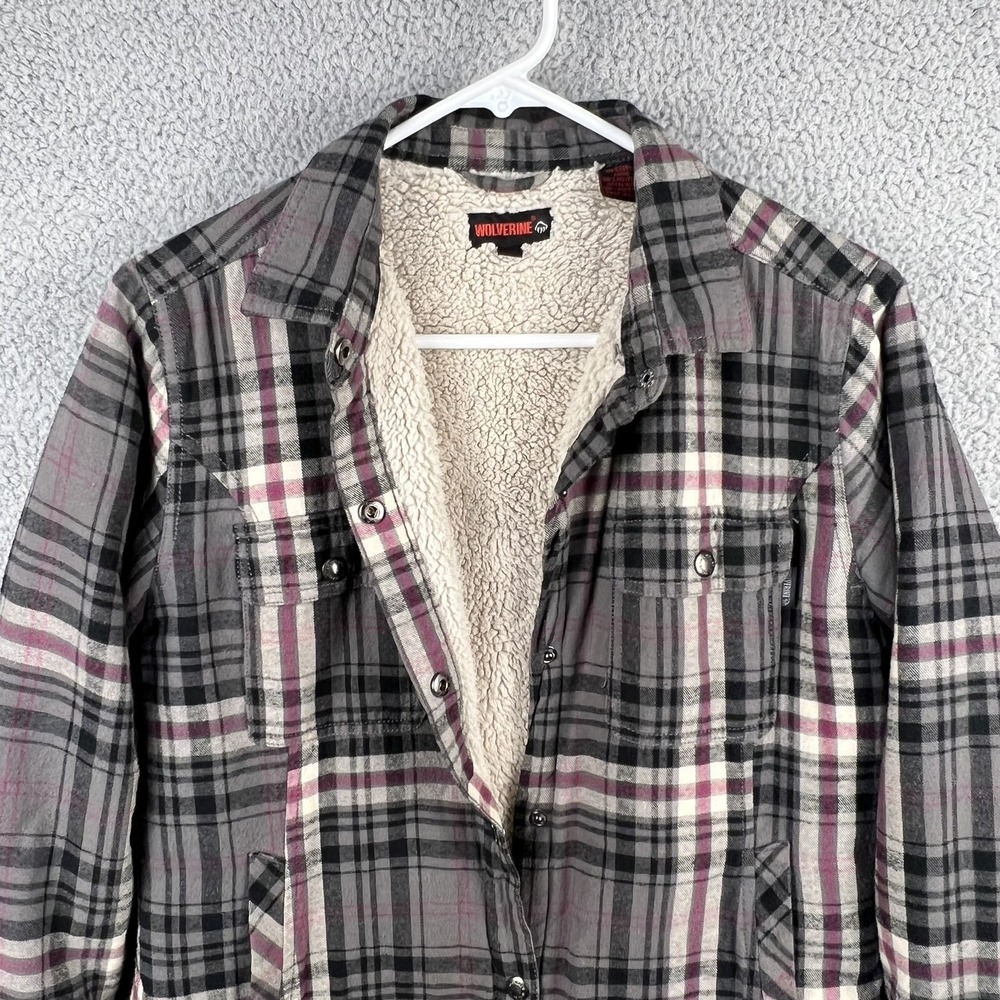 Wolverine Womens M Sherpa Lined Flannel Shirt Jacket Shacket Snap Up Grey Plaid - Picture 3 of 12